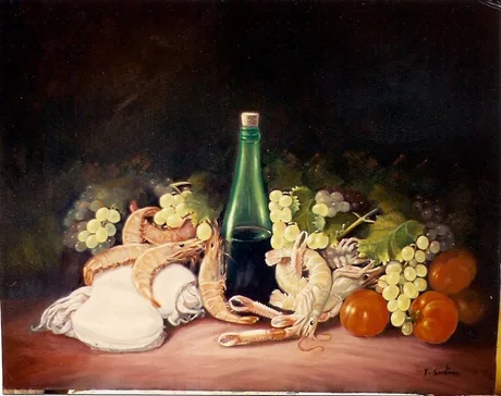 Bodegón con marisco y naranjas, bodegón de Florentino Santana Gala